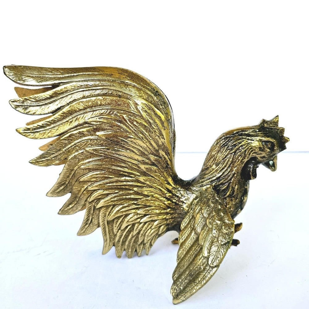 Vintage Brass‎ Rooster Figurine Gold Tone Farmhouse Animal Decor Sculpture 7.5in